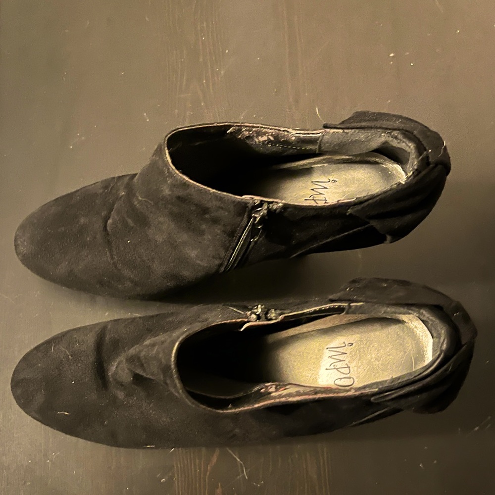 Black booties with bow detail, size 10